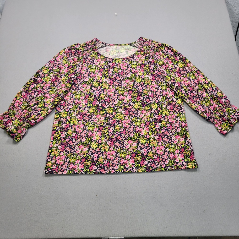 Crown & Ivy Womens XL Floral Print 3/4 Sleeve Top Pink Yellow Blue